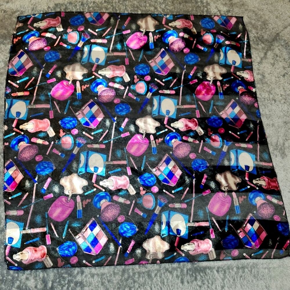 Vintage Makeup Print Scarf • 18x18 • Pink Blue Black • Made in Korea